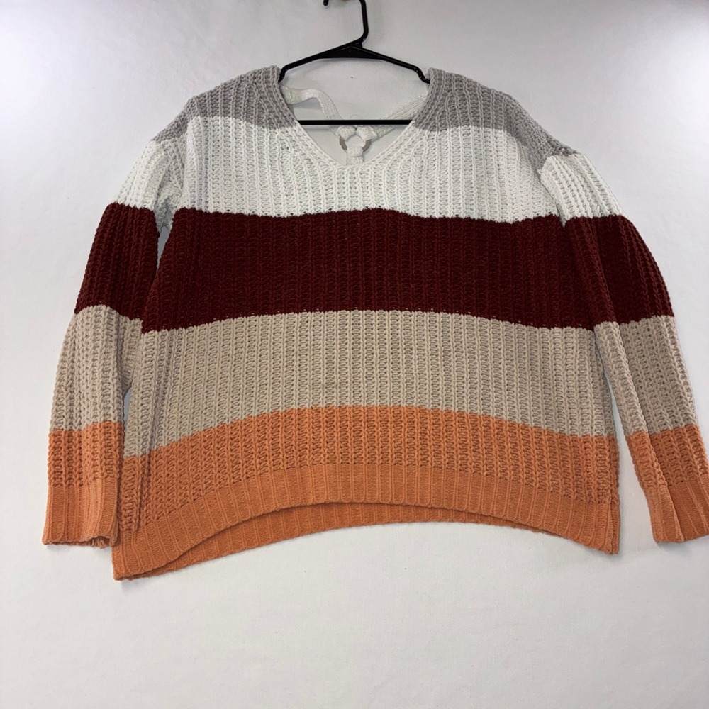 516 Boho Love By Design Chenille Sweater S Multi Color Striped Cutout Back